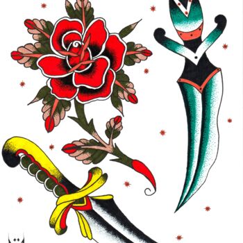 Disegno intitolato "Rose And Daggers Fl…" da Daniel Ströfer, Opera d'arte originale, Pennarello