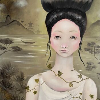 Painting titled "Retrato oriental en…" by Daniela Nocito, Original Artwork, Oil Mounted on Wood Stretcher frame