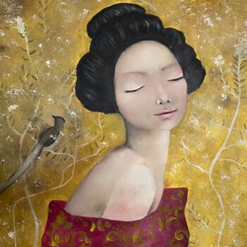 Painting titled "Geisha Garden" by Daniela Nocito, Original Artwork, Oil Mounted on Wood Stretcher frame
