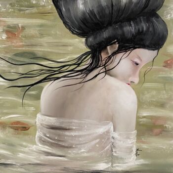 Painting titled "Geisha en el lago" by Daniela Nocito, Original Artwork, Oil Mounted on Wood Stretcher frame