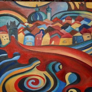 Painting titled "Red Bridge" by Daniela Safrankova, Original Artwork, Oil