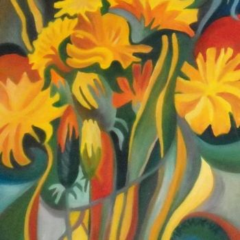 Peinture intitulée "Golden Flowers" par Daniela Safrankova, Œuvre d'art originale, Huile