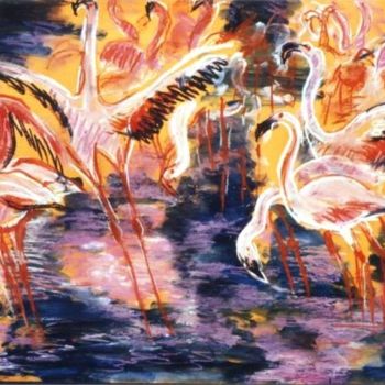 Painting titled "Flamants roses" by Kévin Blot, Original Artwork, Oil