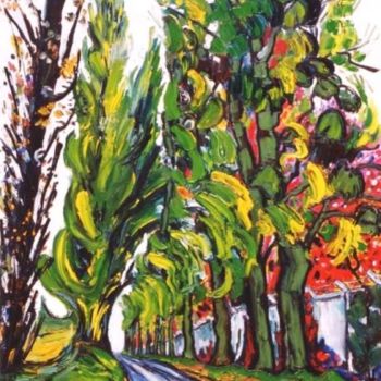 Peinture intitulée "La route aux peupli…" par Kévin Blot, Œuvre d'art originale, Huile