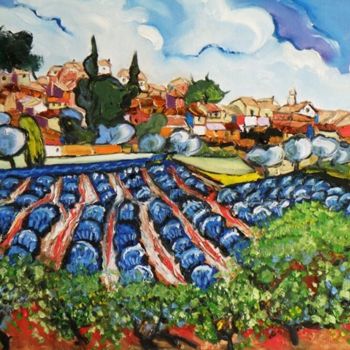Painting titled "Village aux lavandi…" by Kévin Blot, Original Artwork, Oil
