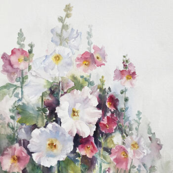 Malerei mit dem Titel "Les roses trémières…" von Danièle Fraboulet, Original-Kunstwerk, Aquarell
