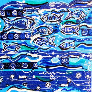 Картина под названием "Les poissons bleus." - Daniele Jasselin, Подлинное произведение искусства, Акрил Установлен на Деревя…