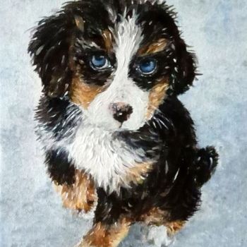 Painting titled "Chiot Bouvier" by Danièle Kechidi, Original Artwork, Acrylic Mounted on Wood Stretcher frame
