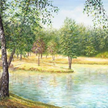 Painting titled "Lac d'Egletons" by Danièle Kechidi, Original Artwork, Oil Mounted on Wood Stretcher frame