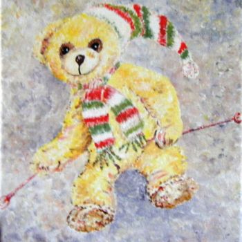 Peinture intitulée "Nounours au ski" par Danièle Kechidi, Œuvre d'art originale, Acrylique Monté sur Châssis en bois