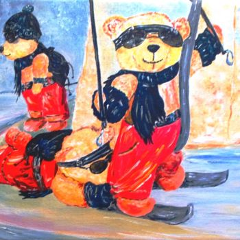 Painting titled "Trois nounours au s…" by Danièle Kechidi, Original Artwork, Acrylic Mounted on Wood Stretcher frame