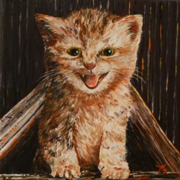 Painting titled "Chaton sous le jour…" by Danièle Kechidi, Original Artwork, Acrylic Mounted on Wood Stretcher frame