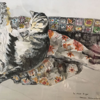 Painting titled "Le Chat au tissu" by Danièle Laffillé, Original Artwork, Watercolor