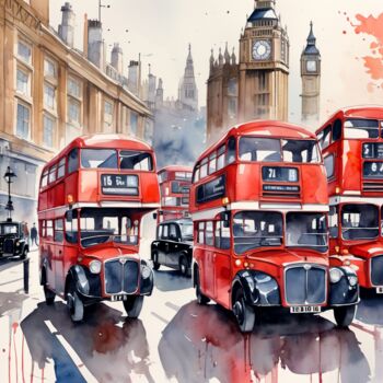 Painting titled "London Red Bus Scene" by Daniel Harris, Original Artwork, Watercolor