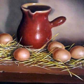 Painting titled "pichet et oeufs" by Daniel Lavabre, Original Artwork, Oil