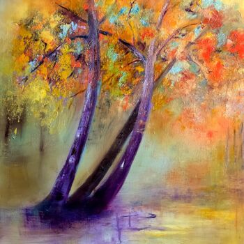 Painting titled "L'ARBRE" by Danielle Mangeon, Original Artwork, Oil Mounted on Wood Stretcher frame