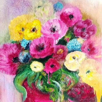 Painting titled "Fleurs d'été" by Danielle Mangeon, Original Artwork, Oil Mounted on Wood Stretcher frame