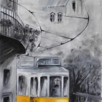 Malerei mit dem Titel "le tram lisbonne" von Danielle Mangeon, Original-Kunstwerk, Acryl