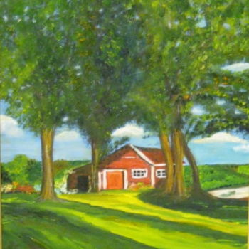Peinture intitulée "La grange rouge aux…" par Danielle Tremblay, Œuvre d'art originale, Huile