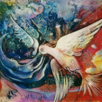 Peinture intitulée "L'oiseau et la sirè…" par Danielle Vasa, Œuvre d'art originale, Huile