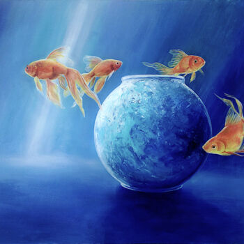 Painting titled "Goldfish XLIII" by Daniel Loveday, Original Artwork, Oil Mounted on Other rigid panel