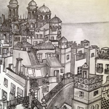 Drawing titled "La ville Orientale" by Danygil, Original Artwork, Pencil