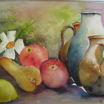 Painting titled "Poteries et fruits" by Dany, Original Artwork, Watercolor