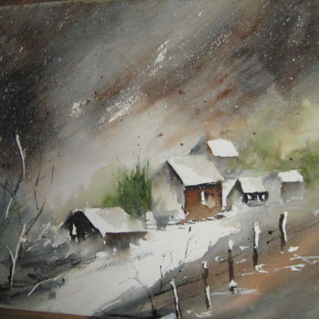 Painting titled "Tempête de neige" by Dany, Original Artwork, Watercolor