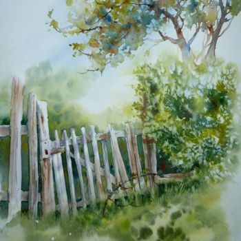 Painting titled "Paysage bucolique" by Dany, Original Artwork, Watercolor