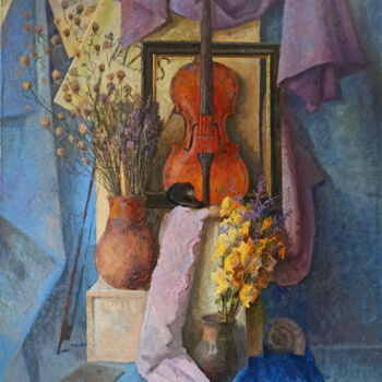 Painting titled "Still life with vio…" by Olga Goryunova, Original Artwork, Oil