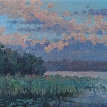 Malarstwo zatytułowany „Sunset above the la…” autorstwa Olga Goryunova, Oryginalna praca, Olej