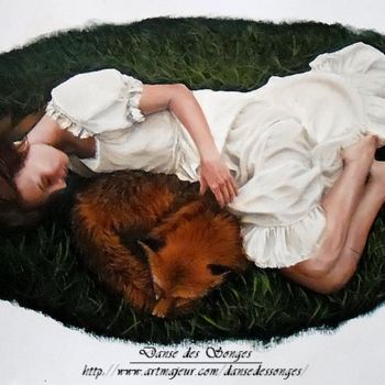 Картина под названием "The girl and fox" - Danse Des Songes, Подлинное произведение искусства, Масло