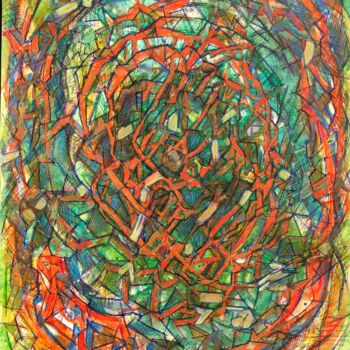 Gravures & estampes intitulée "Czerwono-zielone" par Danuta Elzbieta Czyzyk, Œuvre d'art originale, Stylo à bille