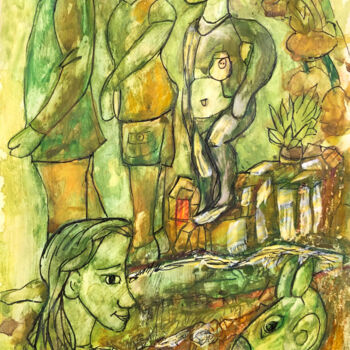 Σχέδιο με τίτλο "W kolejce" από Danuta Elzbieta Czyzyk, Αυθεντικά έργα τέχνης, Ακουαρέλα