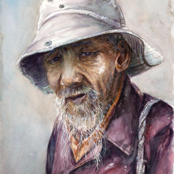 Pintura intitulada "Tibétain à la barbe…" por Dany Charrier, Obras de arte originais, Aquarela