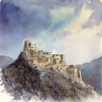 Painting titled "Dzong de Gyantse" by Dany Charrier, Original Artwork, Watercolor