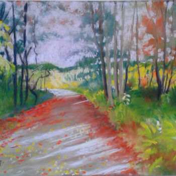 Painting titled "Chemin d'automne" by Dany Masson, Original Artwork, Pastel