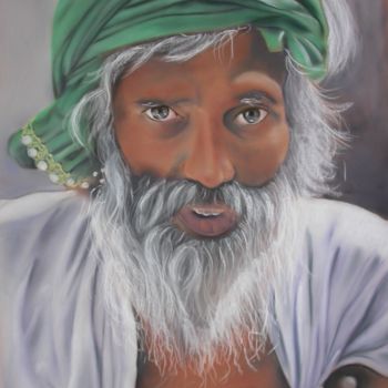 Drawing titled ""Le turban vert"" by Dany Serva, Original Artwork, Pastel