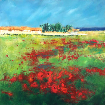 Painting titled "Les coquelicots sur…" by Dane, Original Artwork, Acrylic Mounted on Wood Stretcher frame