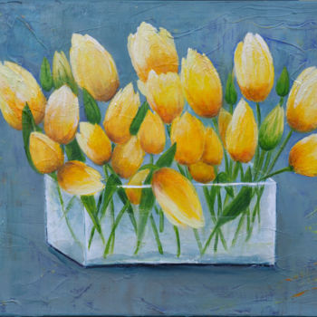 Painting titled "Les tulipes jaunes" by Dane, Original Artwork, Acrylic Mounted on Wood Stretcher frame