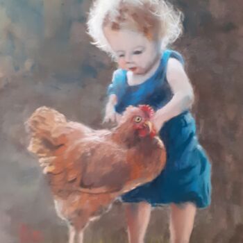 Dessin intitulée "L'enfant et la poule" par Dany Wattier, Œuvre d'art originale, Pastel