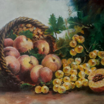 Painting titled "Pêches et raisins" by Dany Wattier, Original Artwork, Oil Mounted on Wood Stretcher frame