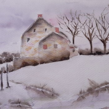Painting titled "Ferme sous la neige" by Danyellepeintures, Original Artwork, Watercolor
