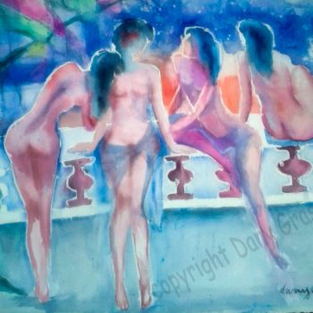 Painting titled "nymphes" by Daniele Gras, Original Artwork, Watercolor Mounted on Glass