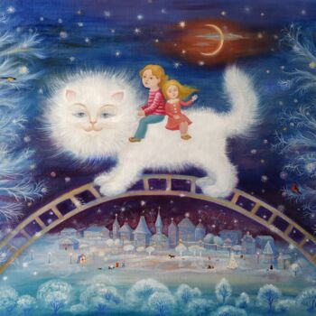 Painting titled "Новогоднее путешест…" by Danylova Yevheniia, Original Artwork, Oil Mounted on Wood Stretcher frame