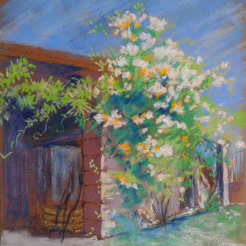 Painting titled "Grange et rosier" by Dany Masson, Original Artwork, Pastel