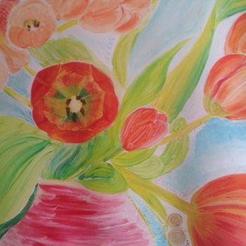 Painting titled "tulips in a vase" by Katerina, Original Artwork, Acrylic
