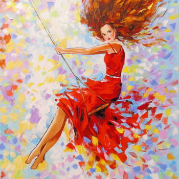 Painting titled "Girl on a swing" by Olha, Original Artwork, Oil