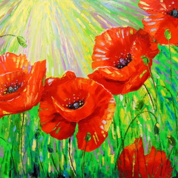 Painting titled "Poppies in the sunl…" by Olha, Original Artwork, Oil