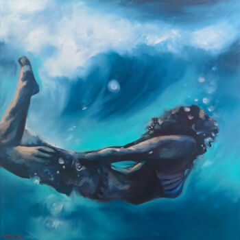 Painting titled "Underwater Swimming…" by Daria Gerasimova, Original Artwork, Oil Mounted on Wood Stretcher frame